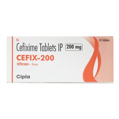 Front packaging of Cefix 200mg Cefixime antibiotic tablets box.