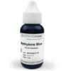 Small bottle of Methylene Blue solution with a white dropper cap on a white background