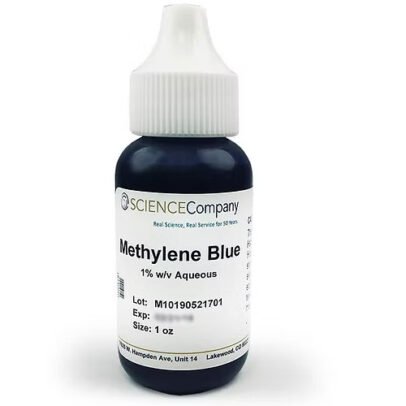 Small bottle of Methylene Blue solution with a white dropper cap on a white background